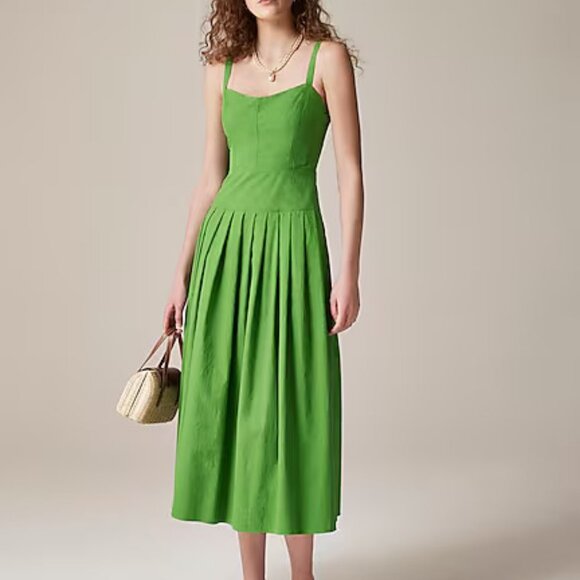 NWT J Crew Pleated Drop-Waist Dress in Crinkle Cotton Blend Green Size 6